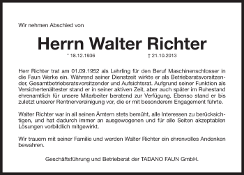 Traueranzeige von Walter Richter von Pegnitz-Zeitung